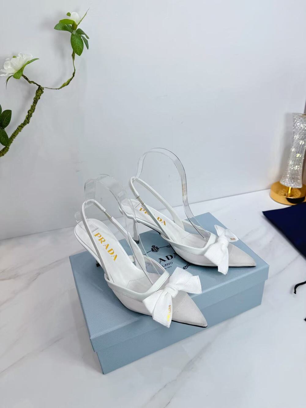 Prada White Bow Clear PVC Pointed Toe Slingback Stiletto Heels
